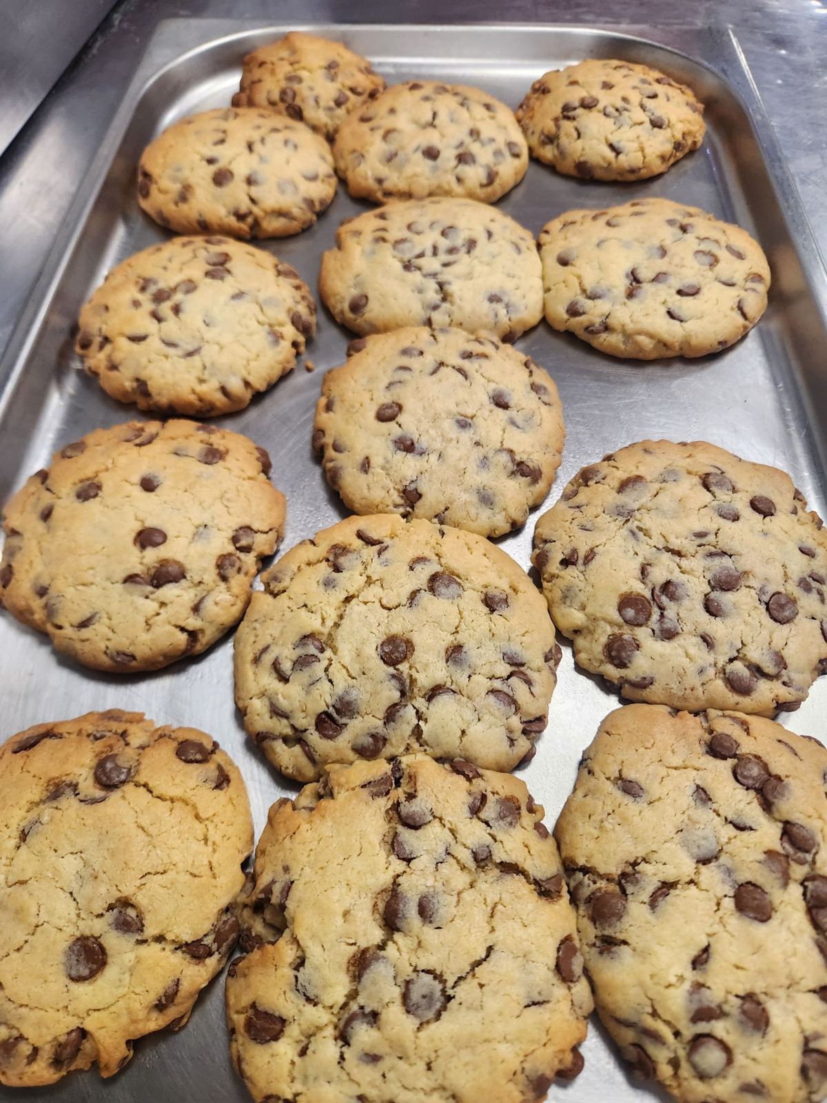 A tray of chocolate chip cookies